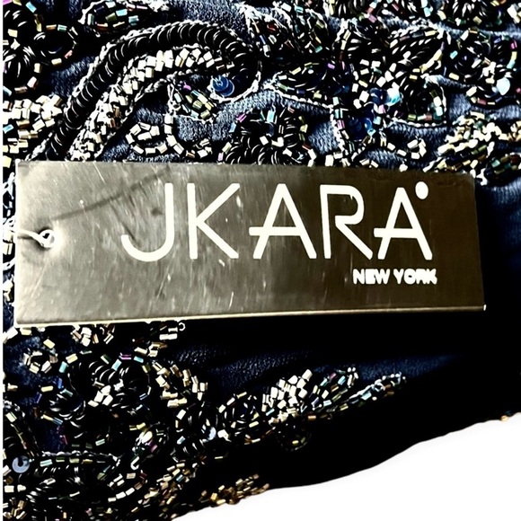 NEW J Kara Navy Mock 2 Piece Beaded Bodice Cap Sleeve Long Fit & Flare Dress - Picture 14 of 15